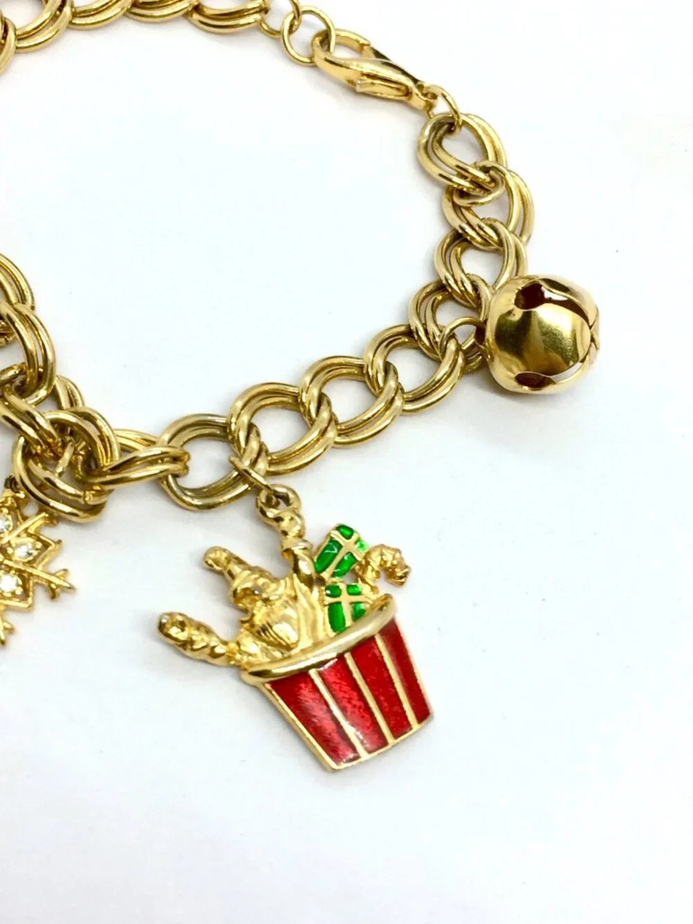 VINTAGE CHRISTMAS BRACELET Gold Tone Enamel Santa Candy Cane Bell Charms 90s